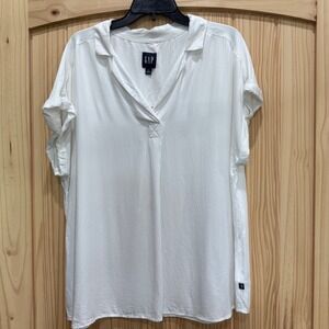 GAP Women White Short Sleeve V-Neck Blouse Oversized Collared Top XL